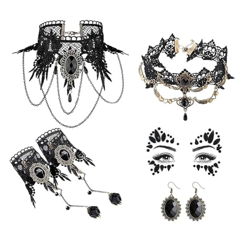 Conjunto de joias góticas de Halloween, gargantilha de renda preta, colar gótico, pulseiras e brincos, acessórios de vampiro para mulher, corrente de vampiro, fantasia de Halloween para mulheres e