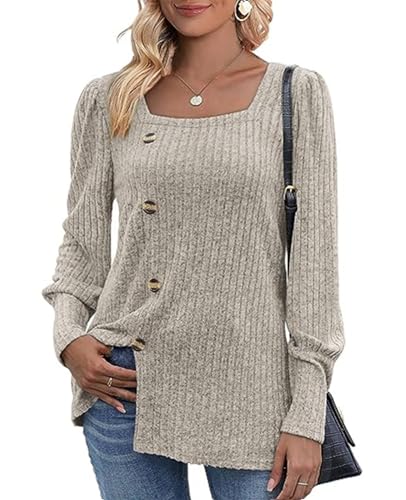 MYCOLORBLUE Damen Herbst Pullover Tunika Weich Stretch Langarm Deko Knöpfen Strickpullover T Shirt Aprikose XL