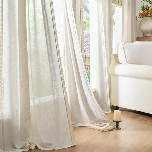 Image of jinchan Linen Curtains with Lace Trim Beige Curtains for Living Room 63 Inch Length Rod Pocket Rustic Farmhouse Curtains Semi Sheer Light Filtering Drapes Bedroom Window Curtain Set 2 Panels