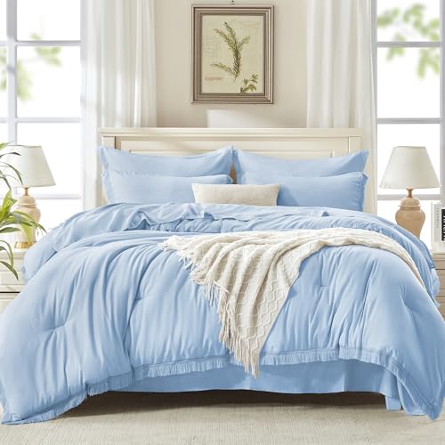 Image of Andency King Size Comforter Set with Sheets Light Blue - 7 Pieces Bed in a Bag Boho Soft Lightweight Bedding Sets, Tassel Bed Set with Comforter, Sheets, Pillowcases & Shams