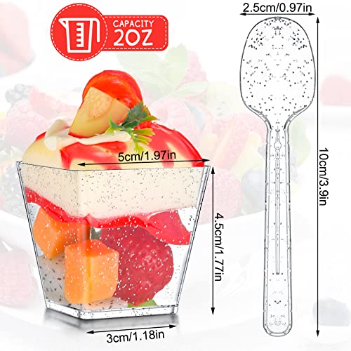 Meanplan 160 Pack 2Oz Glitter Plastic Dessert Cups With Spoons 160 Disposable Square Plastic Dessert Cups And 160 Glitter Spoons For Party Dessert Appetizers (Silver) #TOP1