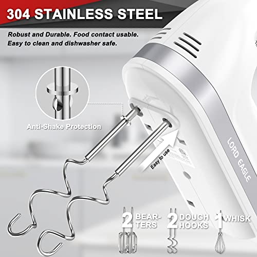 Lord Eagle Hand Mixer Electric, 400W Power Handheld Mixer For Baking Cake Egg Cream Food Beater, Turbo Boost/Self-Control Speed + 5 Speed + Eject Button + 5 Stainless Steel Accessories #TOP3