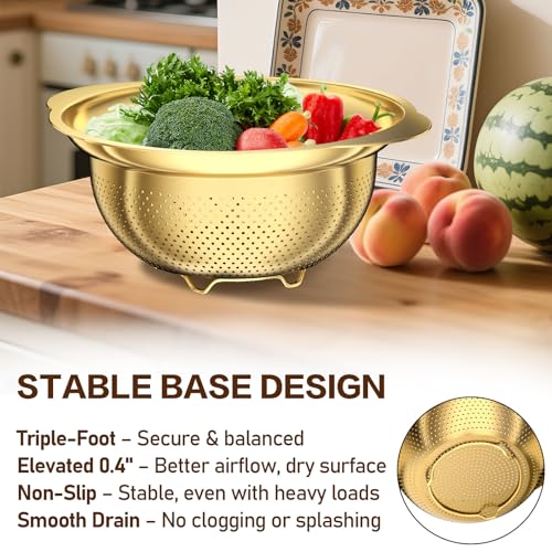 Image of Stainless Steel Strainers for Kitchen, Stainless Steel Colander, Kitchen Strainer for Pasta Fruits Vegetables, 3 Pack Strainers and Colanders(5QT, 3QT, 2QT), Rust-Proof & Dishwasher Safe, Gold