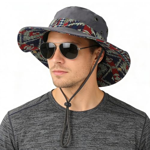 Image of GUSTAVE Sun Hats for Men Wide Brim Summer Sun Protection Cap for Men UV Protection Round Sun Cap for Hiking, Fishing, Gardning, Travel