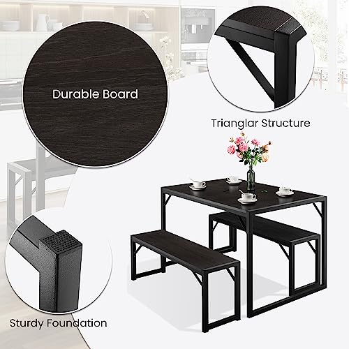 Image of SHA CERLIN Kitchen Dining Table Set for 4 with Benches, Rustic Small Space Saving Dinette, Heavy Duty Metal Frame