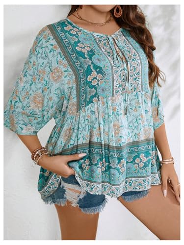 WDIRARA Women's Plus Size Boho Floral Print Ruffle Hem Blouse Tie Front 3/4 Sleeve Peplum Top2
