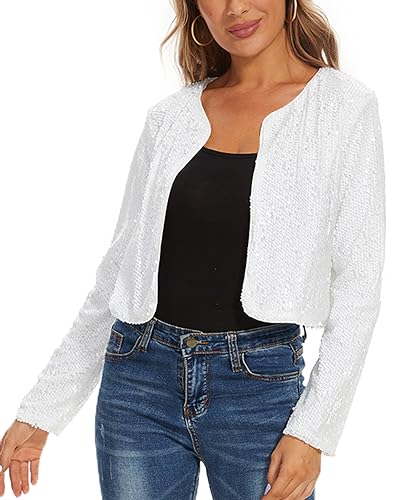 MINTLIMIT Women's Sequin Jacket Open Front Long Sleeve Party Shiny Glitter Shrug Shiny Sparkle Bolero Cardigans(White, S)2