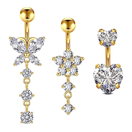 Crdifu 3pcs Barre de nombril court 6mm Petit Anneau de nombril Or Acier chirurgical Coeur Papillon Fleur avec pendentif Piercing Bijou
