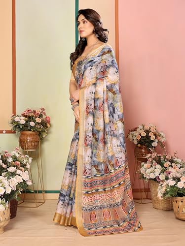 Image of Sidhidata Women's Cotton Linen Blend Lining Digital Printed Saree With Unstitched Blouse Piece (Linen Lining Saree)