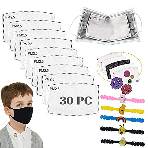 30PCS PM2.5 Filtro de carbón activado, 5 capas Niños reemplazables Anti Haze Filter Paper Pad para niños Niños Niñas, con gancho extensor de oreja con correa ajustable de 5 piezas