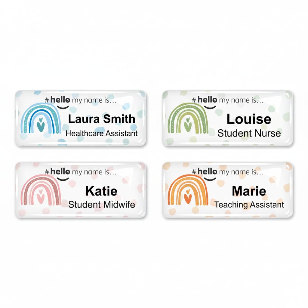 Badgemaster Resin Finish Hello My Name is Personalised Nurse Midwife Hospital NHS Practitioner Nursery Preschool Rainbow Blue Polka Dots Name Badge — image 1