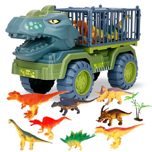 ZUSUZU Camión Transportador de Dinosaurios,Juguete de Camión de Dinosaurio,Transportadors de Autos Dinosaurios para Niños,Transportador de Coches con 15 Animales de Juguetes Juegos Set Caja
