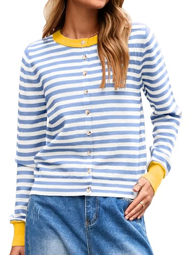 Glamaker Women's Striped Fall Cardigan Sweater Cropped Button Down Knit Long Sleeve Crewneck Fashion Cardigans