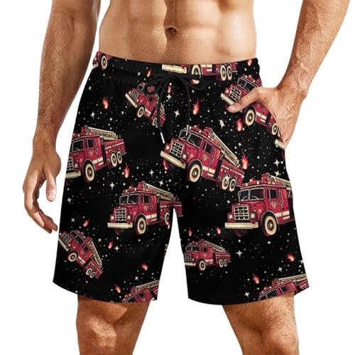 Fire Trucks Beach Shorts for Men Swim Trunks Quick Dry Swim Shorts with Compression Liner Pocket