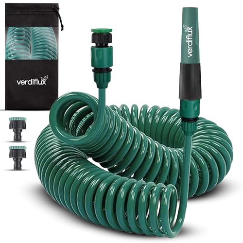 Manguera Espiral Jardín de 7,5 metros Ligera y Resistente a Impactos y Fugas, Manguera Jardín con Boquilla Ajustable, 2 Adaptadores + 2 Conectores, Lanza Verde Oscuro 7.5 metros Verdiflux
