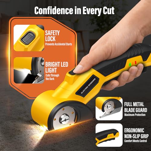 Image of Cordless Electric Scissors with 3 Tungsten Steel Blades, 2500mAh Battery, LED Light, High-Torque Motor, Cardboard Cutter for Fabric, Cardboard, Leather, Carpet, Wire Rope Cutters (Yellow)