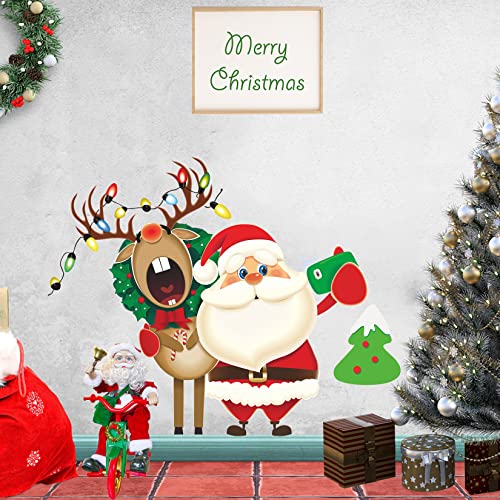 Merry Christmas Wall Decals Stickers Removable, Santa Claus Reindeer Tree Decal, Window Clings Door for Fridge Bedroom Living Room Decoration,Christmas Clings, Xmas25