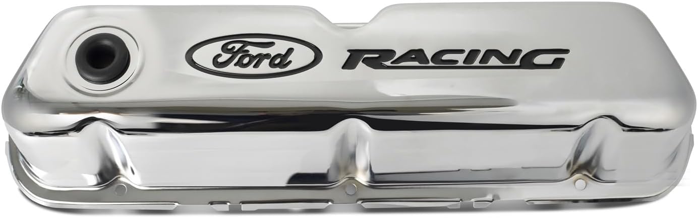 Compatible with/Replacement for Ford Performance Parts - 302-071 - Chrome Steel Valve Cover Set w/Compatible with/Replacement for Ford Racing Logo