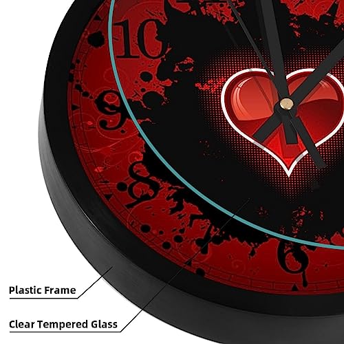 Horloge murale ronde quartz pour cuisine et bureau | Style épuré motif cœur rouge