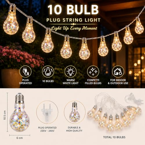 Image of Quace 10 Bulb Plug-in Confetti String Lights, Warm White LED Decorative Fairy Lights,Hanging Bulb Lights for Bedroom, Balcony, Patio, Wedding, Party & Home Decor