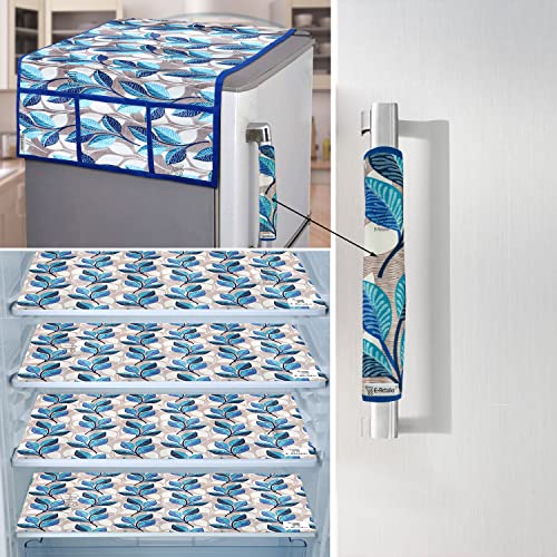 Image of Exclusive Combo Set of Appliances Cover (1 Pc. of Fridge Top Cover, 1 Pc. of Refrigerator Handle Cover and 4 Pc. Of Refrigerator Mat /Fridge Shelf Mat) (Color- Blue, Design-Leaf, Set Contains- 6 Pcs.)