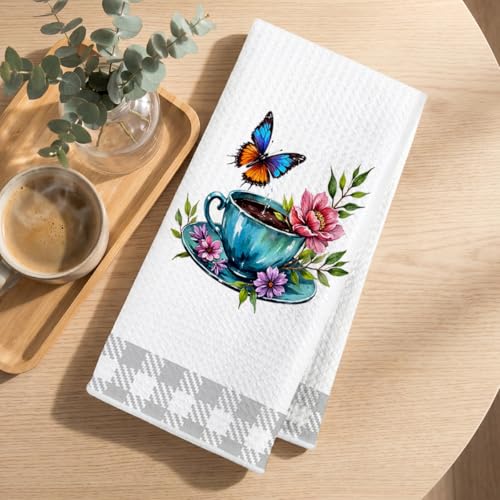 Image of 2Pcs Butterfly Kitchen Towels 24x14 Inch, Grid Floral Reusable Microfiber Dish Cloth Hand Towel, Coffee Waffle Weave Tea Towels for Bathroom Kitchen Farmhouse Decor, Flowers Gifts for Women Friend