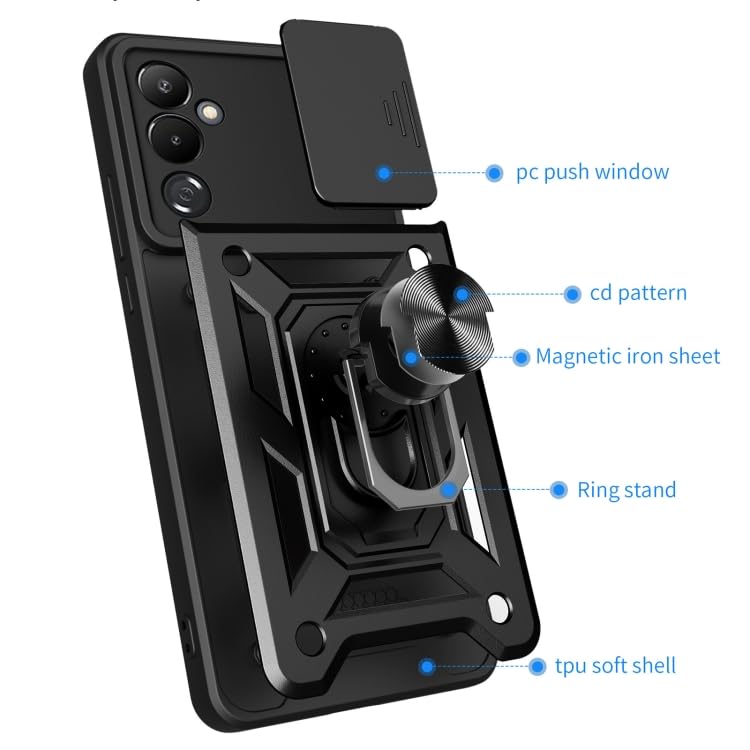 Image of PC Back Cover Case Compatible for Samsung Galaxy M15 /F15 5G with Slide Camera Shield Cover & Rotated Ring Stand|Military Grade Mobile Phone Cover Case for Galaxy M15 /F15 5G(Black)