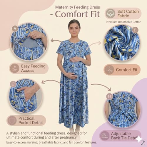 Image of Zero Clothing Feeding Dress for New Moms Casual Loungewear Ankle Length | Cotton Maternity Nighty | Zipless Feeding Dresses for Women | Pregnancy & Nursing Wear