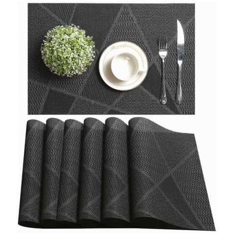 Set of 6 Placemats Non Slip Wipe Clean Place mats, 30*45CM PVC Tap Set Heat Resistant Placemats Stain-resistant,Washable Table Mat Kitchen Dinner Table Place Mats Black, Washable Cover