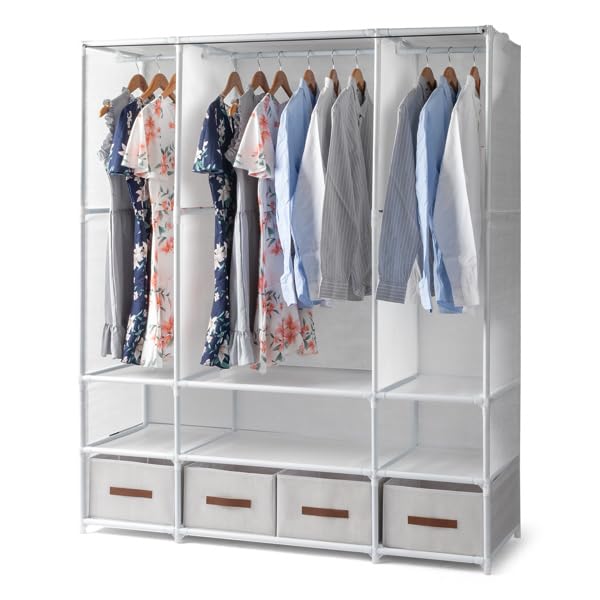 Stoffschrank 3 Kleiderstangen, freistehend, 144 cm | Kleiderschrank mit 4 Boxen & Vorhängen, moderner Aufbewahrungsschrank für Schlafzimmer, Garderobe und Retail, weiß