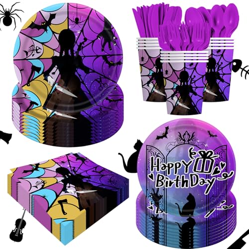 140pcs Purple Wednesday Themed Birthday Party Supplies Paper Cup Disposable Tableware Set for Kids Wednesday Birthday Party Decoration Serve For 20 Guests