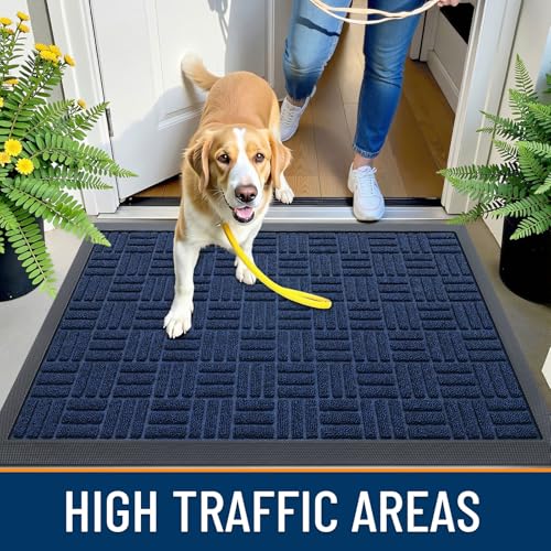 Image of OLANLY Front Door Mat Outside Entrance 47x17, Absorbent, Heavy Duty Sturdy Natural Rubber Doormat Indoor Outdoor, Non-Slip, Stain and Fade Resistant, Low Profile Floor Mat for Entryway, Navy Blue