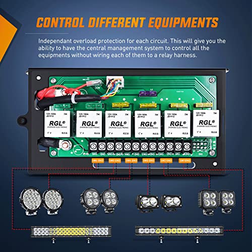 Image of Nilight 6 Gang Rocker Switch for Jeep Wrangler JK JKU 2007-2018 | 12V Panel 100A Relay Box Circuit Control System LED Voltmeter 80A Breaker Blade Fuses for Various LED Light Bar Rock Rear Lights