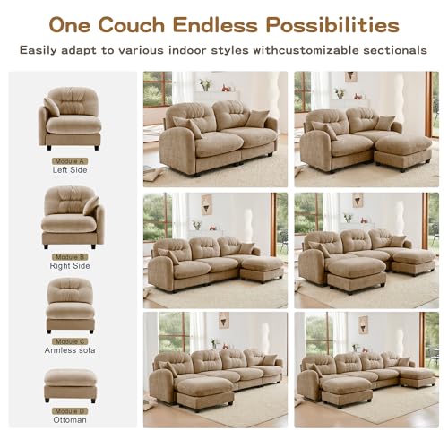 Image of KEIKI 107 inch U-Shaped Oversized Chenille Modular Sectional Sofa with 2 Ottoman, High-Density Foam Cushions, Tufted Pleated Cushion Backrest, Modern 3-Seater Couch with 2 Pillow, for Living Room, Camel