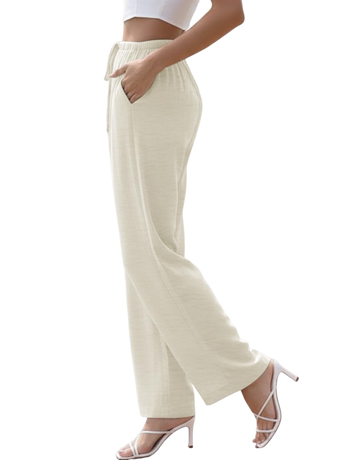 Cuptacc Pantalon Fluide Femme Été Taille Élastique Décontracté Pantalons Lin de Loisirs avec Poches à Jambes Larges