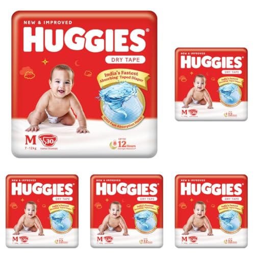 Image of Huggies Complete Comfort Dry Tape Medium (M) Size Baby Tape Diapers, 30 count, with 5 in 1 Comfort (Pack of 5)