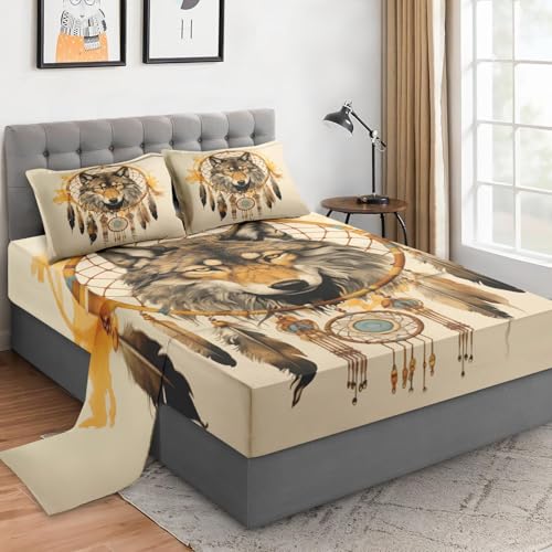 WeCozy Queen Size Bed Sheet Sets with Pillowcases, Tribal Wolf 4 Pcs Soft Microfiber Bedding for Kids and Adults, American Boho Feather Dog Flat, Fitted Sheet for Bedroom Bed Decor