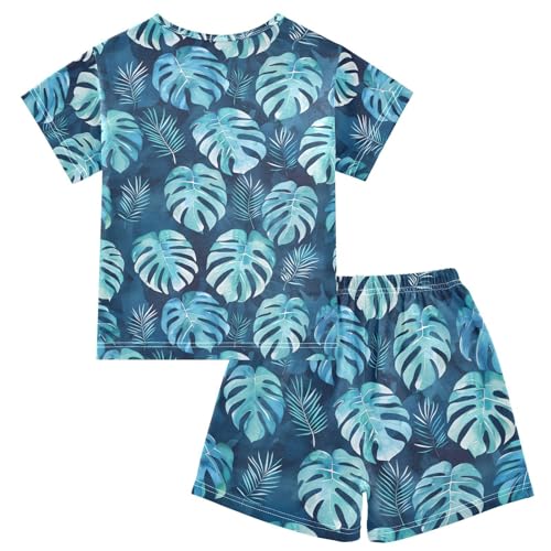 ALAZA Watercolor Palm Leaf Blue Pajamas Short Sleeve 2 Piece Sleepwear Top and Bottom Pajama Set Unisex2
