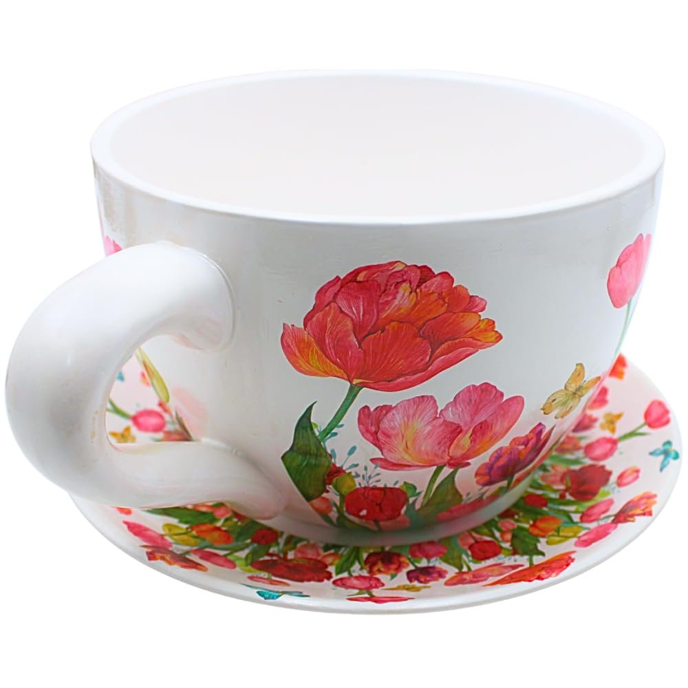 Dekohelden24 XXL Blumentopf, Pflanztasse, Pflanzkübel, Pflanzgefäß, Blumenkübel, Pflanztopf. Übertopf als Tasse mit Griff aus Keramik, Motiv: Tulpenmeer, L/B/H 34 x 28 x16 cm.