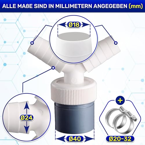 Waschmaschine Abfluss Adapter mit Abgang für Rohr Ø40 mm und Eingang Ø18-24 mm aus ABS - Y Adapter für Doppelanschluss Ablaufschlauch Spülmaschine - 2 Stück Schlauchschellen Ø20-32 mm - MONTERAL