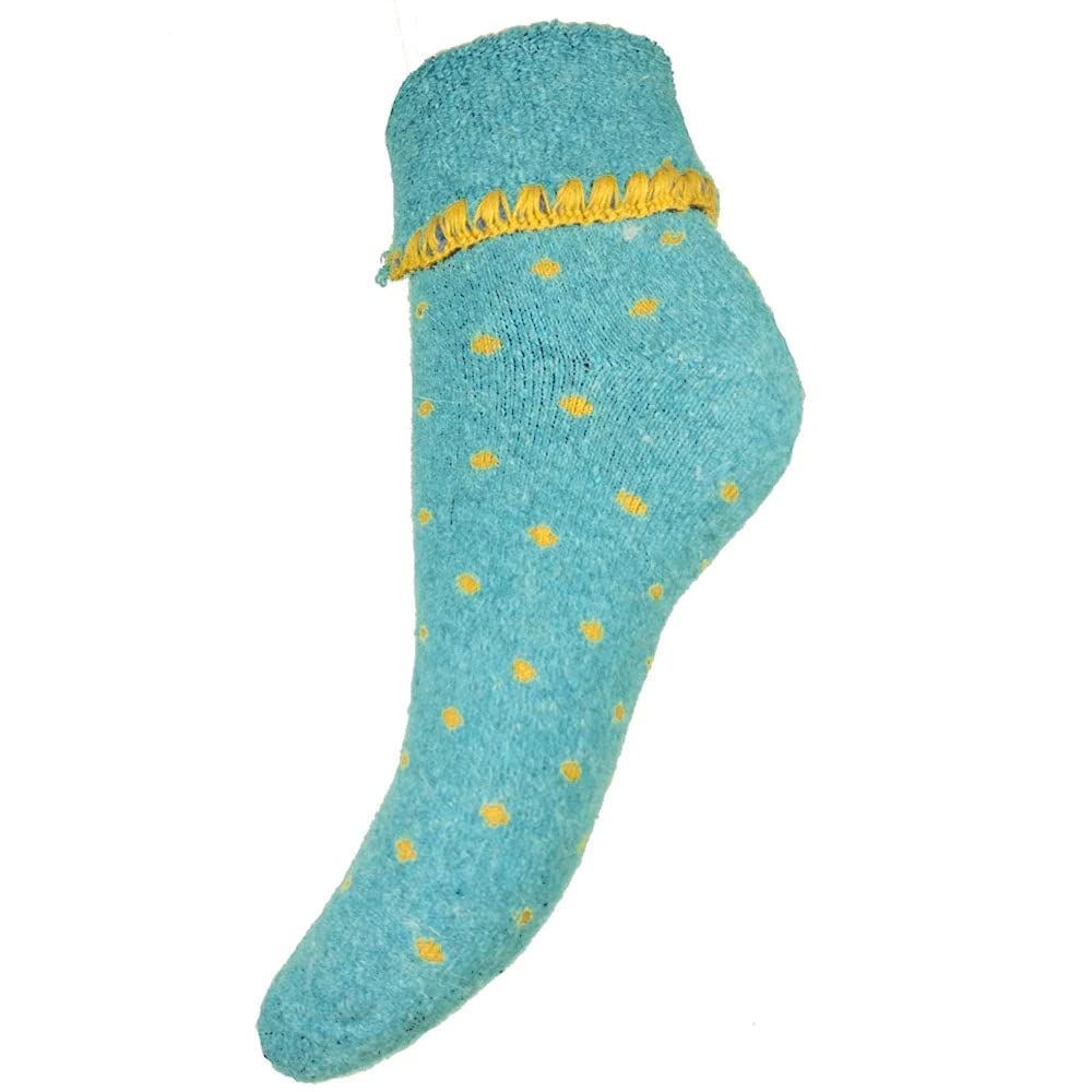 JOYALuxurious Cuff Bed Wool Blend Socks UK 4-7 EU 36-40 Aqua With Yellow Spots