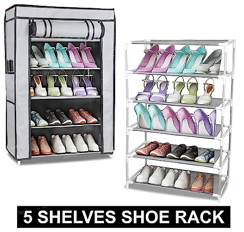 Image of Zest 4 Toyz Multipurpose 5 Shelves Shoe Rack Cabinet with Zip Door Cover Side Pockets Collapsible Shoes Shelf /Shoerack Multiuse Storage Organizer for Footwear Toys Clothes(Non Woven Fabric) Grey