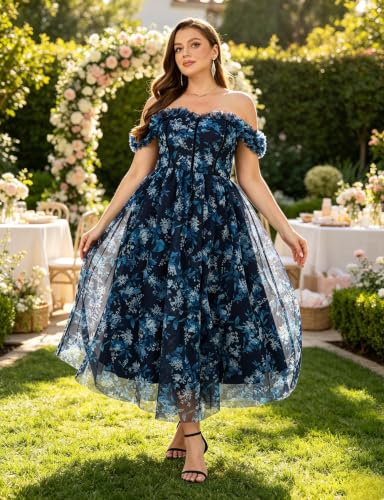 Image of EYWOL Plus Size Formal Wedding Guest Cocktail Party Floral Dress with Slit