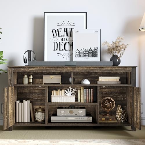 DWVO TV Stands for Living Room, Farmhouse Entertainment Center for 65 Inch TV, Rustic TV Console with Storage and Barn Door, Console Table Media Television Stands, 59 Inches, Light Rustic Oak
