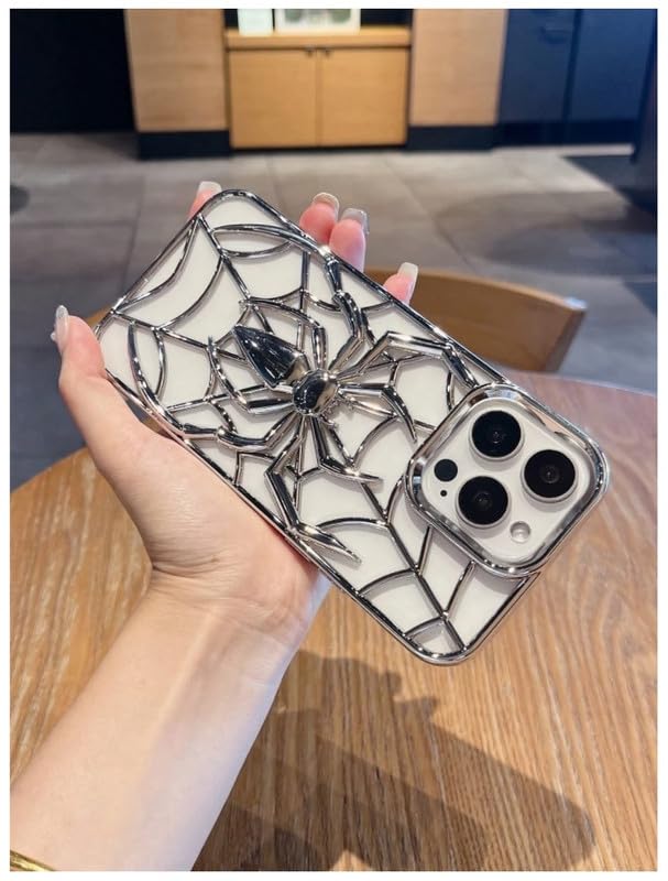 Image of COVERLY for iPhone 15 Spidey Web Silicone 3D Cartoon Clear Phone case, Full Protection Minimal Hollow Out Electroplated Heat Dissipation Metallic Paint Mobile Back Cover for Apple iPhone 15 (Silver)