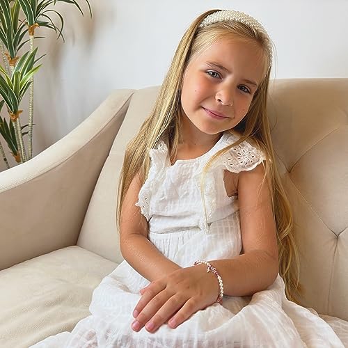 Image of Baby Crystals Personalized Baptism Pearl Bracelet for Girls, White Simulated European Pearls, Sterling Silver Cross Charm Initial Bracelet, Handmade Baptism Gifts for Girl, Girls Jewelry