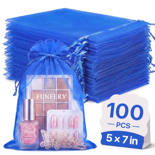 Image of FUNFERY 100PCS Royal Blue Organza Gift Bags 5x7in,Drawstring Jewelry Pouch