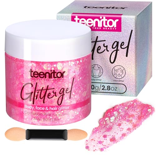 Teenitor Face Glitter Pink Body Glitter Gel Hair Glitter Gel 80g/2.8oz Holographic Rave Glitter for Face and Body
