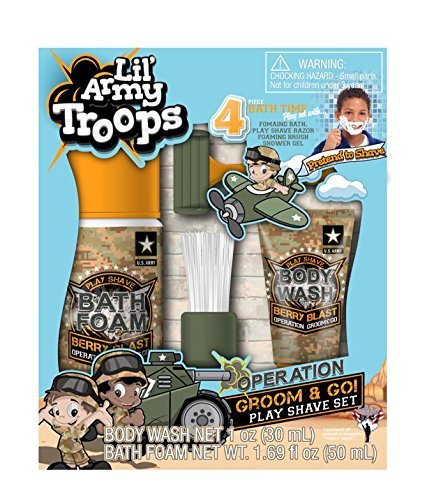 Lil' Army Troops Operation Groom & Go 4 Piece Time Play Set-with Body Wash & Bath Foam-Pretend to Shave in The Tub