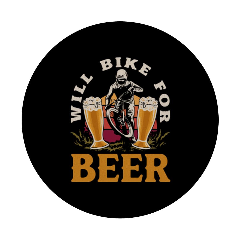 Will Bike For Beer Cycling Road Bike Funny Cyclist PopSockets Swappable PopGrip, Black - Image 3